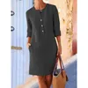 Basic Casual Kleider Frauen Baumwolle und Leinenkleid runden Hals Langarm Midi A-Line-Kleider Hochtaille Basic Office Professionelle weibliche Kleidung 2404