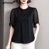 Bloups feminina feminina feminina coreana renda de renda de retalhos chiffon blusa elegante stand colar camisa preta manga curta slow tops soltos casuais