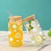 Tumblers 1pc Clear Drinking Glass With Bamboo Lid And Straw Juice Cup For Hot/Cold Drinks Drinkware Gift Light Colored Flowers Style H240425