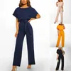 Jumpsuits voor dames rompreren dames solide kleur rechte been jumpsuit modieuze korte mouwen ronde nek dating jumpsuit y240425