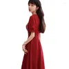 Party Dresses ofallsis Red Square Neck Poad Puff Sleeve Toave Brud Dress 2024 Aummer Wine French Elegant Engagement