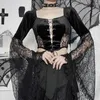 Frauenblusen Mode Goth Frauen Bluse Lange Flare Ärmel Spitze Patchwork Pullover Schlanker Gothic Style Ladies für den Frühling Sommer 2024