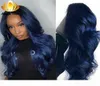 Transparent mörkblå kroppsvåg peruker före plockade spetsar främre mänskliga hår peruker ombre färgad spetsdel peruk för svarta kvinnor6327265