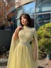 Party Dresses (SALE) Yellow Arabia Luxury Cape Sleeves Belt Beading Fashion Ladies Evening Host Dress Partydress Prom