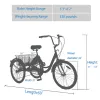 Cykel Vuxen trehjuling 26 tum, 3 -hjuls kryssningscykel, justerbar trike med klocka, bromssystem kryssare cyklar stor korg för shopping