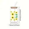 Tumblers 1 Piece Green Leaf Sunflower With Bamboo Lid Glass Straw Ice Cream Drink Bottle Suitable For Hot And Cold Drinks In Summer H240425