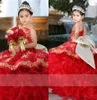 Guldbroderade quinceanera klänningar mini små småbarn stora bågkulklänning ruffle diamands spaghetti strapless pageant blommor gir1379476