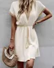 Basic Casual Dresses Elegant Womens White Dresses 2023 Summer Solid Short Sleeve Lace V-Neck Waistband Female Beach Midi Dress S-XXXLL2404