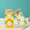 Tumblers 1 Piece Of Green Leafy Petal Daisy Pattern With Bamboo Lid Glass Straw Juice Hot And Cold Drink Bottle Suitable For Summer H240425