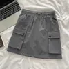 Skirts Vintage Black Elastic Drawstring Pockets Work Skirt Spring Summer Casual Gray Brown Slim Mini Korean Fashion Women Clothes