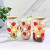 Tumblers 3D Baskı Çilek Çiçekleri16oz Cam Kupa Mason Bambu Kapak Saman Libbey Yaz Kahvesi ile Şişeleri Batarlar H240425