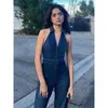 Women's Jumpsuits Rompers Vintage Denim Halter Jumpsuits Women Classic Strt Style Slveless Lapel Neck Zip Up Skinny Flare Overall Female Daily Outfits Y240425