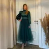 Partykleider edel langes grünes Tüll Abend A-Linie Satin Muslim hoher Nacken-Knöchel-Länge-Prom-Formalkleid für Frauen