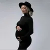 Zwangerschapsjurken Hoge nek Volle mouw Zwangerschap Skinny jurk voor fotografie Zwangere vrouw rekbare lange jurk
