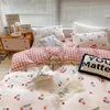 Ins Style Duvet Cover Set with Flat Sheet Pillowcases Cute Orange Cherry Crow Printed Single Double Queen Size Girls Bedding Kit 240425
