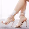 Kleiderschuhe Sommer weiße Blumen Knöchel Wrap Frauen Sandalen sexy schmale Band Stiletto High Heels Gladiatorinnen Frauen Hochzeitsfeier