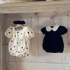 Rompers 2 Pcs Baby Girls Polka Dots Romper + Bow Headband Soft Breathable Infant Short Puff Sleeve Jumpsuit 0-24Months Newborn Clothing H240425