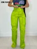 Capris CM.yaya feminino moda Multi bolso de bolso frontal safari calças retas calças 2023 novo zíper de verão Fly Rose Red Cargo Troushers