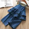 Clothing Sets 2022 Summer Girls Clothing Set South Korean denim pendant jacket top+wide leg pants 2PCS baby clothing set childrens clothing Q240425