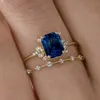 Band Rings Charm Women for Gold Color Square Blue White Stone Classic Design Wedding Party Accessories Gift H240425