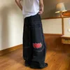 Men's Jeans JNCO-Jeans Baggy Feminina com Padro de Bordado Harajuku Vintage Cintura Alta Perna Larga Calas Reta Hip Hop Rock Rua Y2K H240425