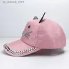 Top Caps Unisex Beyzbol Şapkası Çocuk Kedi Kulu Perçin Güneş Kovboy Şapka Düğmesi Rhinestone Elmas Şapka Erkek ve Kız Günlük Şapka Kemikleri Gorro Q240425