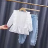 Ensembles de vêtements printemps et automne ensemble de vêtements bébé ensemble de vêtements de vêtements pour bébé fille + pantalon en denim 2024 ensemble de perles 2 à 6 ans Q240425