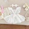 Flickans klänningar nyfödda flickor prinsessan jumpsuit söt spets ärmar klänning jumpsuit set + bow hårnål baby flicka härlig 2st D240425