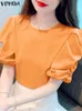 Women's Blouses VONDA 2024 Fashion Summer Women Blouse Baggy Shirts Elegant O Neck Solid Color Short Puff Sleeve Tunic Tops Casual Loose