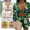 Swimwear féminin 2024 Europe Femme Summer Summer plage imprimé 3 pièces Sexy Fashion Casual Holiday Style Shirt Cardigan Femme Bikini Bra Shorts