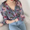Womens Fashion Floral Print V-Neck Long Sleeve Chiffon Shirt Blus Office Button Luxury Shirt Vintage Tops Tunics M-2XL 240424