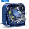 Topk USB Desk Fan Strong Airflow Tyst drift Tre-växlad vind Mini Table Fan 360 ° Roterabel Huvud för hemmakontorets sovrum