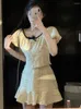 ワークドレス2024夏の韓国の甘いファッションスカート女性用シャツのセットクロップトップミニ2ピース