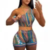 STYLISH LADY Abstract Printed 2 Piece Set Women One Shoulder Crop Top and Shorts Suits 2024 Summer Sexy Club Party Outfits