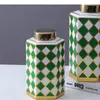 Storage Bottles Green Checkered Pattern Ceramic Jar Gilded Hexagonal Bottle Jars With Lids Desktop Decoration Tea Caddy Candy Pots