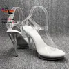 Sandaler kvinnor mode kvinnliga modeller station catwalk visa sexig kristall transparenta skor sommar 12 cm tunn hög häl tofs