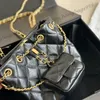 Womens Black Lambskin 2in1 Classic Quilted Diamond Lattice Mini Drawstring Bucket Bags Soft Leather Gold Chain Coin Flap Lipstick Card Holder Crossbody Purse 20cm