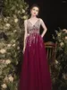 Runway -jurken Wine Red Celebrity Tulle Shiny Rainestone Backless Women Elegant Vintage Light Luxury Evening Party Prom Jurns