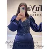 Robes de fête huitale bleu marine sirène robe de soirée manche bouffée luxe sexy v cou de cou perles