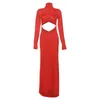 Casual Dresses OMSJ 2024 Red Floor Length Evening High Neck Cross Folds Hollow Out Sexy Wrap Hip Long Dress Formal Prom Party Club Gown