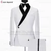 Kurtki modne białe garnitury dla mężczyzn elegancka czarna aksamitna szal lapowa kurtka z spodniami 2 sztuki obiad na balu biały smoking dla mężczyzn