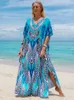 ボヘミアンシーサイドプラスサイズプリントKaftan Maxiドレスvネックスリットルーズローブ女性2024サマービーチウェア水着の隠蔽Q1415 240417