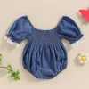 Rompers Baby Girls Summer Denim Romper Blue Short Puff Sleeve Lace Sier Square Neck Tops