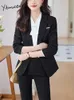 Yitimuceng Prink Blue Black Pant Suits Women Winter 2203 Korean Fashion Long Sleeve Formal Blazer and Pounsers2ピースセット240421