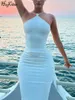 Hugcitar White Slipps Buftless Bandgae Slit Sexy Bodycon Maxi Prom Платье Spring Женщины Элегантная одежда на день рождения пляжный каникул 240424