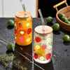 Tumblers 3D Baskı Çilek Çiçekleri16oz Cam Kupa Mason Bambu Kapak Saman Libbey Yaz Kahvesi ile Şişeleri Batarlar H240425