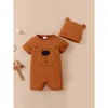 Rompers Baby Boy 0-18 miesięcy Romper Nowonarodzony Ubranie dla dzieci Śliczne niedźwiedzie krótkie rękawy Bodysit with Hat 2pcs Summer Infant Baby Baby TUBUT D240425