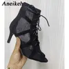 Stiefel 7 cm mittlerer Absatz Tanz Hollow Out Knöchelband Sandalenstiefel 2023 Mode Sommer Schnürung gekreuzt Peep Zehen Lady Schuhe H240425