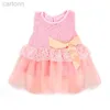 Mädchenkleider Baby -Mädchen Kleider Prinzessin Kleid ärmellose Spitzenkleid Häkelkinder mit Bogengürtel Party Geschenkkleider D240425