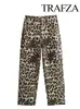 Calça feminina trafza feminino moda 2024 leopardo casual cálculo alta feminino chique de botão de botão de botão slim calças finas